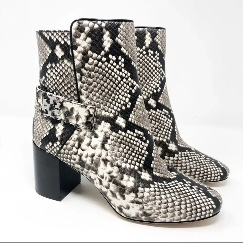 NEW Tory Burch Kira 70MM Bootie Stamped Snake Leather Grey Black in Warm Roccia